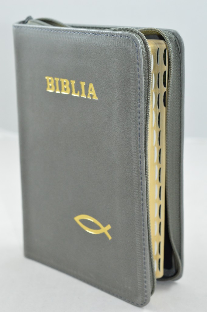 Biblie din piele, marime medie, culoare kaki, simbol peste, fermoar, index, margini aurii, cuv. lui Isus cu rosu [SB 057 PFI]
