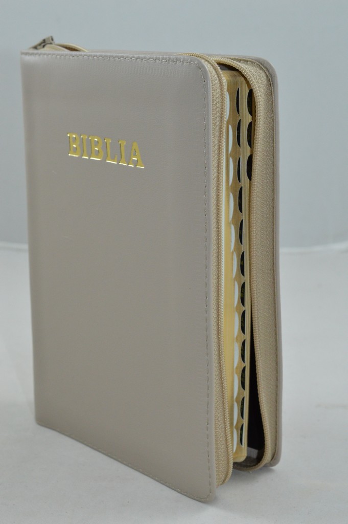 Biblie din piele, marime medie, culoare ocru, simpla, fermoar, index, margini aurii, [SB 057 PFI]
