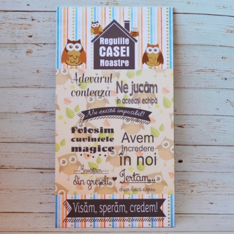 Tablou Regulile Casei (50x27 cm) - din lemn (bufnite)