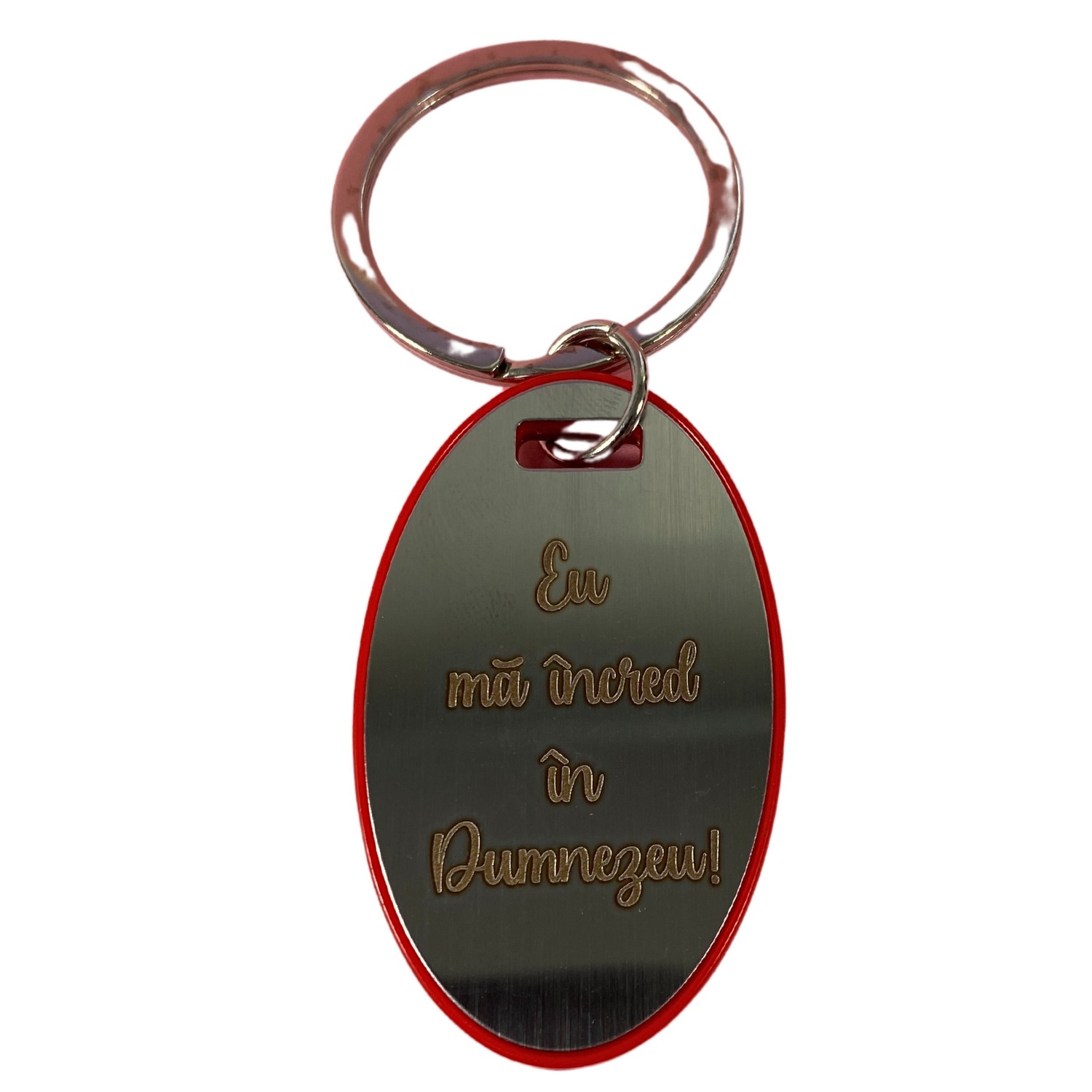 Breloc metalic cu placuta interioara din plastic - Eu mă încred în Dumnezeu!