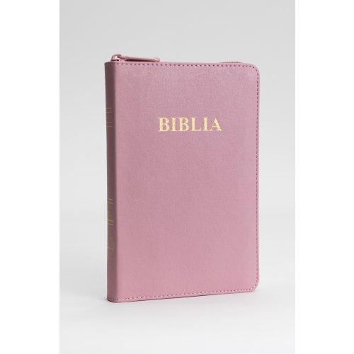 Biblia din piele, marime medie, roz pudrat, fermoar, margini aurii, cuv. lui Isus in rosu [052 ZT]