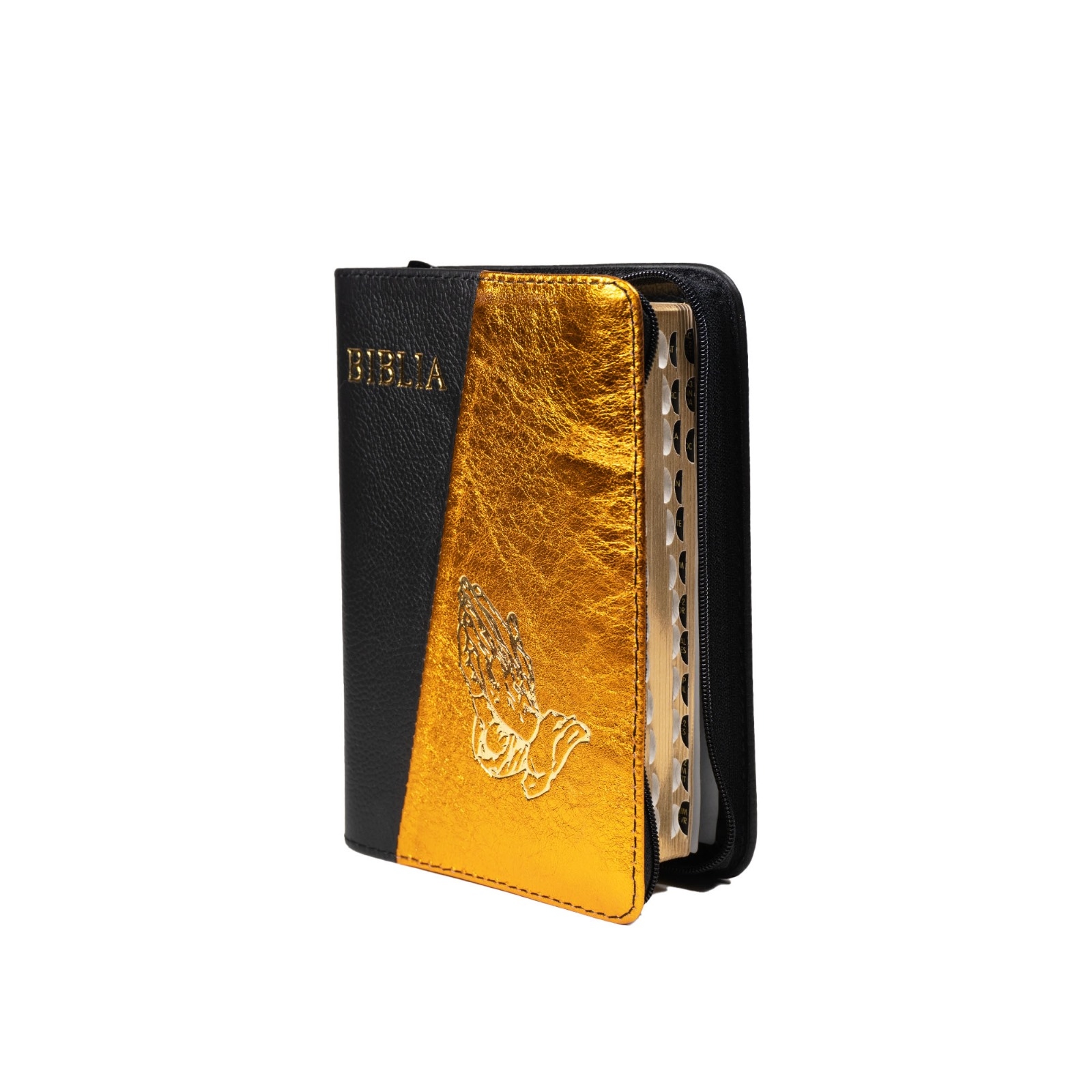 [ANTICARIAT] - Biblia mica, coperta piele, culoare, negru cu portocaliu sidefat, index, fermoar, margini aurii,  simbolul maini, cuv. lui Isus in rosu [047 PFI] (Produs cu defect)