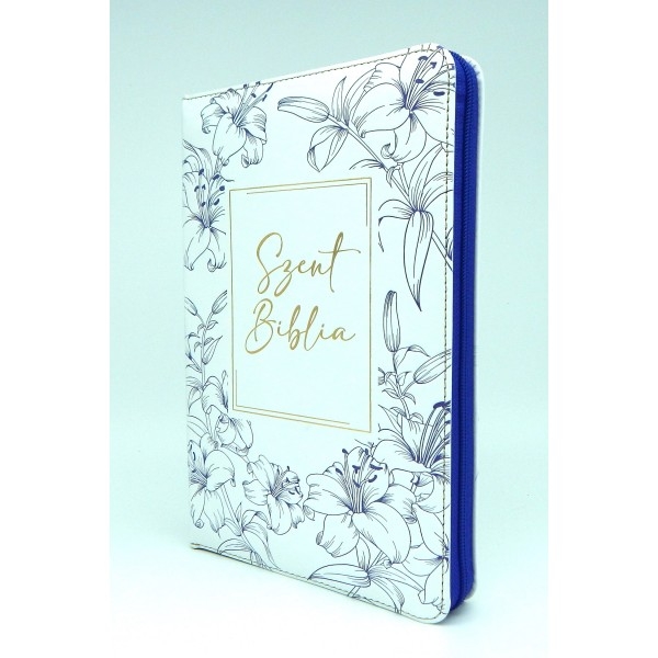 Szent Biblia - Közepes Biblia, Fehér-Kék Virágos, Cipzárral, Regiszterrel, Károli Gáspár Forditása (Biblia medie in lb. maghiara, fermoar, index)