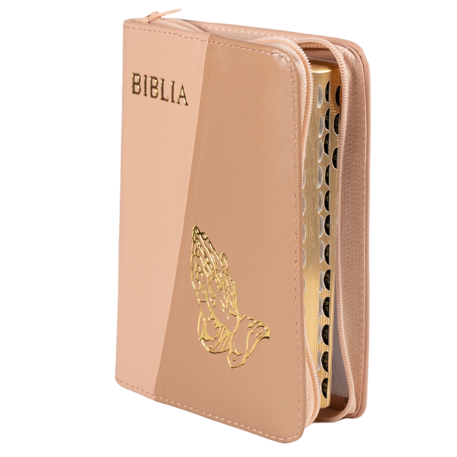 Biblia format mic, din piele, culoare, roz cu bej,  index, simbol maini,  fermoar, margini argintii, cuv. lui Isus in rosu [047 PFI]