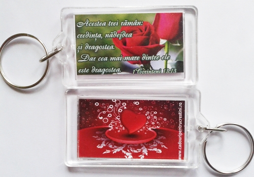 Breloc cu verset biblic fata/verso - Acestea trei raman: credinta, nadejdea si dragostea