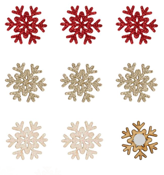 Autocolante decorative de Craciun - Fulgi de nea albi, aurii, rosii, 9 buc.