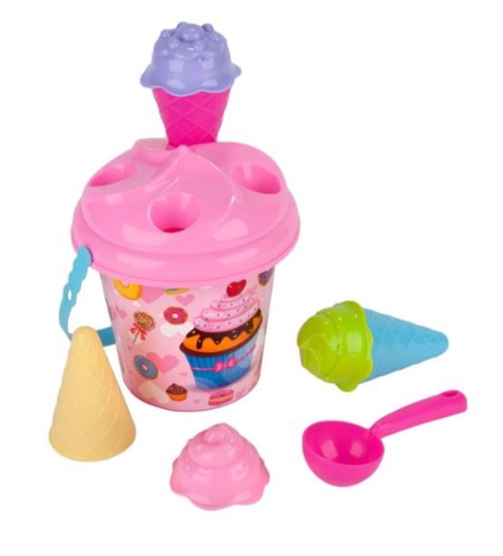 Set jucarii pentru nisip - Galeata, roz + 4 accesorii - Cupcakes (16x18cm)