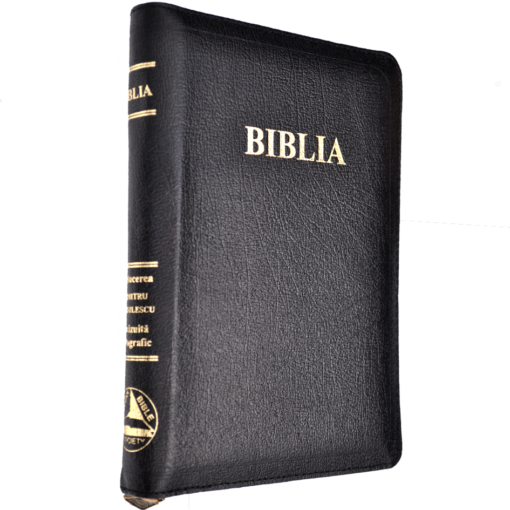Biblia din piele, marime medie, neagra, fermoar, fara index, margini aurii, cuv. lui Isus in rosu [052 PF]