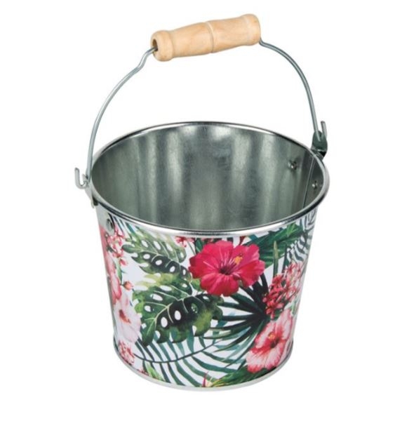 Masca pentru ghiveci, de metal, in forma de Galeata - Flori tropicale (12x9cm) Masca pentru ghiveci, de metal, in forma de Galeata - Flori tropicale (12x9cm)