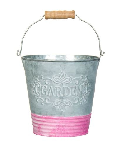 Masca pentru ghiveci, forma galeata de metal, gri cu roz - Garden (13x13x9cm)