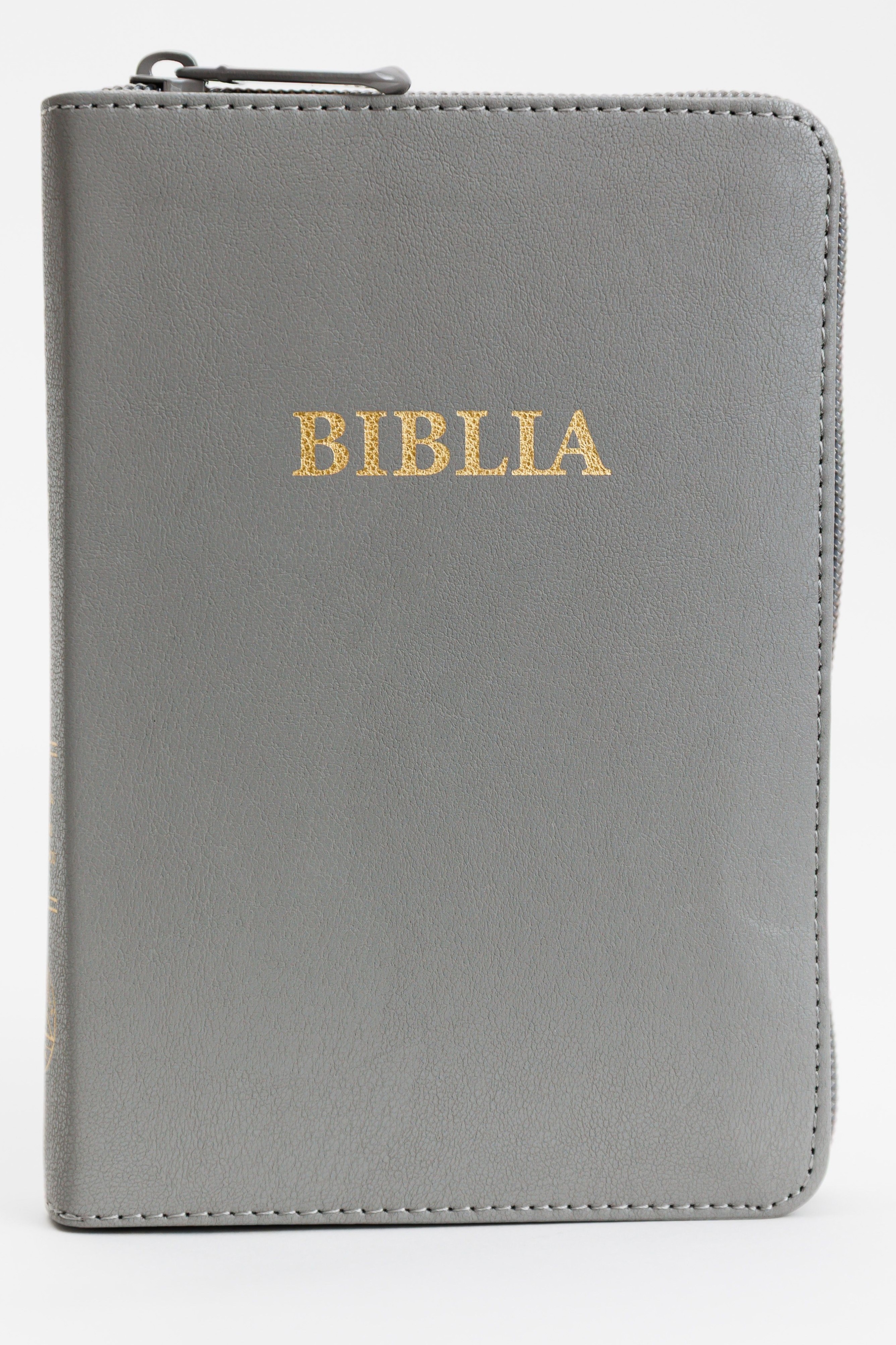 Biblie marime mica, piele, gri, index, fermoar, margini aurii, cuv. lui Isus in rosu [047 ZTI]