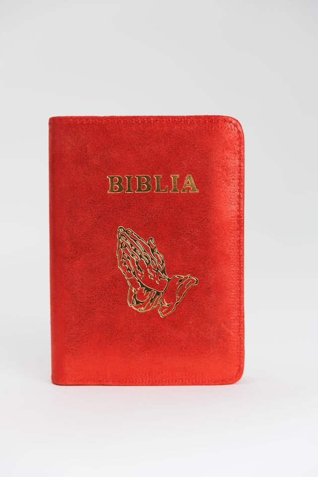 Biblie din piele,  marime mica, rosu sidefat sclipicios, fermoar, simbol maini in ruga, cuv. lui Isus in rosu [043 A]