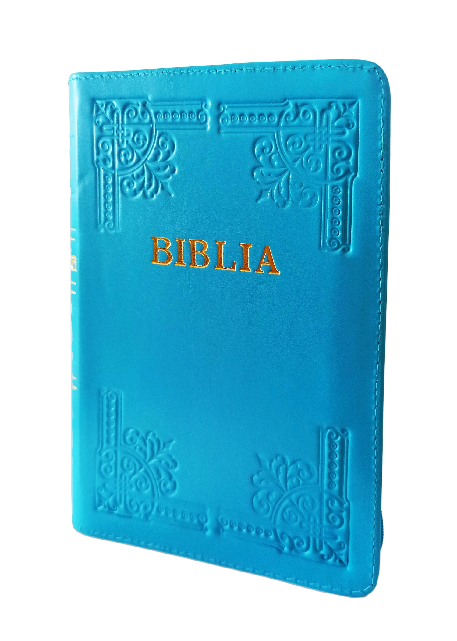 Biblia din piele, handmade, marime medie, culoare albastru deschis, margini aurii cu index,fermoar, cuv. lui Isus cu rosu [057 HM]