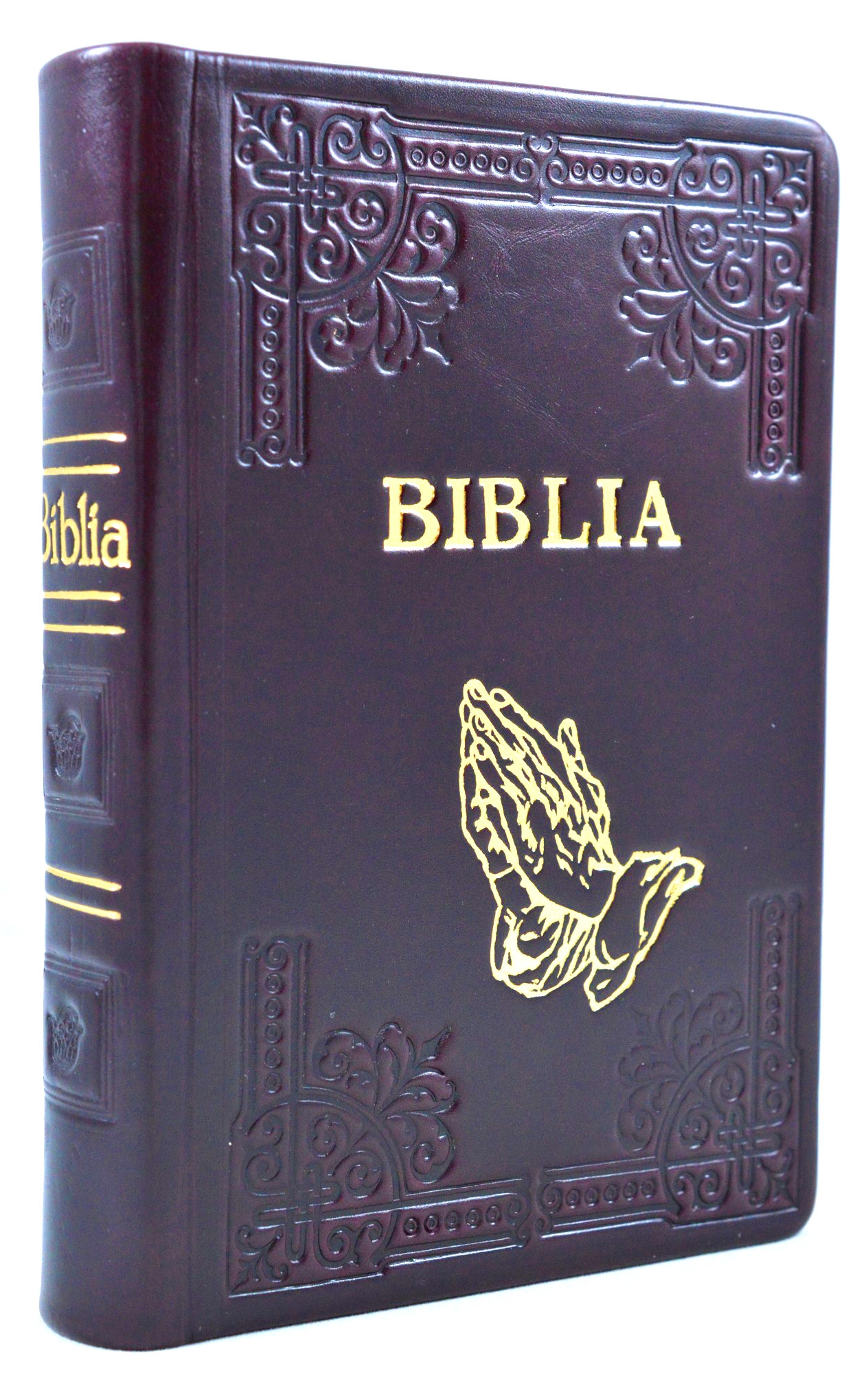 Biblia din piele, handmade, marime medie, culoare visiniu inchis, margini aurii, index, simbol maini, cuv. lui Isus cu rosu [052 HMI]
