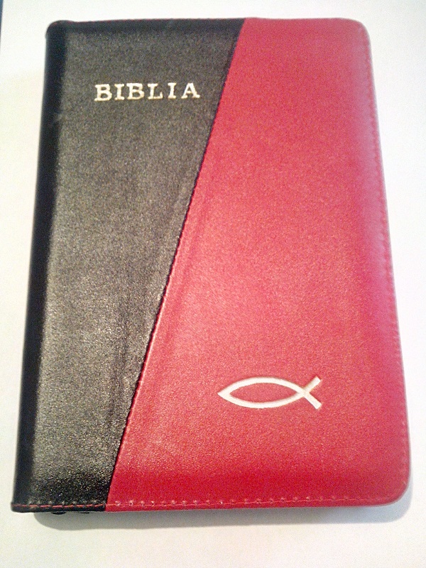 Biblia din piele, marime medie, negru / rosu, fermoar, cu peste, cuv. lui Isus cu rosu [053]