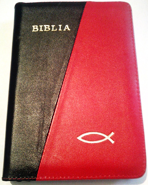 Biblia din piele, marime medie, negru / rosu, fermoar, aurita, cu peste, cuv. lui Isus cu rosu [052]