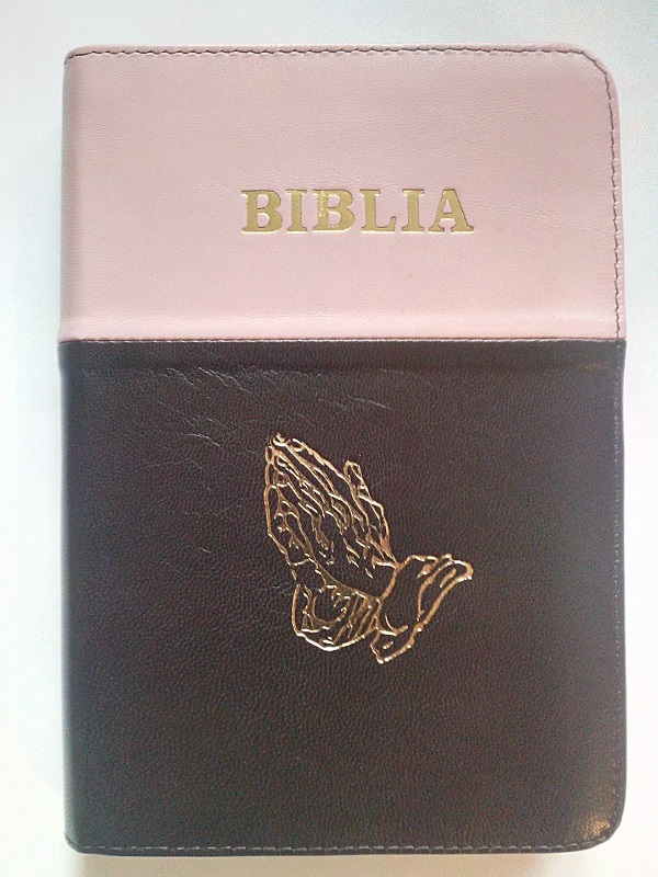 Biblia din piele, marime medie, roz-negru, fermoar, cu maini [053]