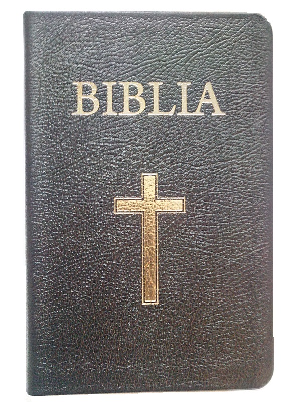 Biblia marime medie, din piele, neagra, aurita, cu cruce [CB 063]