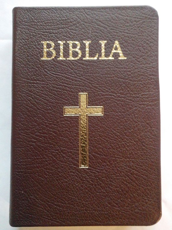 Biblia din piele, visinie, margini aurii, mat. auxiliare, cu cruce [CB 043]