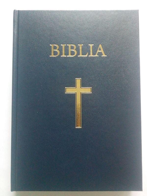 Biblia mare, coperta cartonata, albastra, scris mare, cu cruce [CB 073]