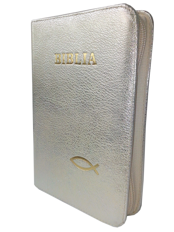 Biblia din piele, medie, argintie, fermoar, aurita, cu peste, cuv. lui Isus cu rosu [052]