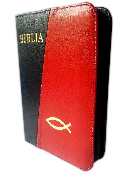 Biblia format mic, din piele, culoare negru/rosie, index, fermoar, margini argintii, simbolul peste, cuv. lui Isus in rosu [047 PFI]