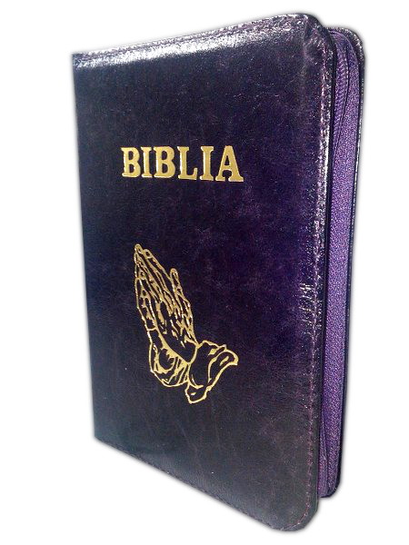 Biblie din piele, mica, violet, fermoar, aurita, cu maini, cuv. lui Isus in rosu [043 A]