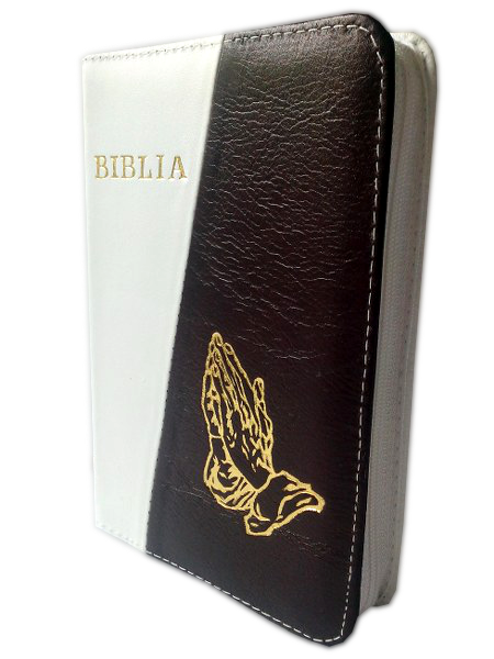 Biblie din piele, mica, alb / maro inchis, fermoar, cu maini, cuv. lui Isus in rosu [043 A]