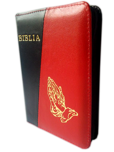 Biblie din piele, mica, negru / rosu, fermoar, cu maini, cuv. lui Isus in rosu [043 A]