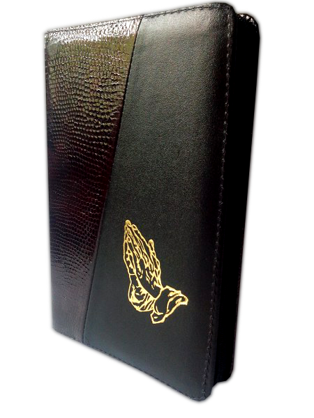 Biblia din piele, medie, textura bordo / negru, fermoar, aurita, cu maini, cuv. lui Isus cu rosu [052]