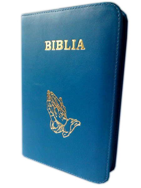 Biblia din piele, medie, albastra, fermoar, aurita, cu maini, cuv. lui Isus cu rosu [052]