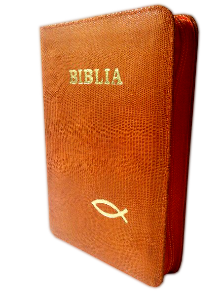 Biblia din piele, medie, textura rosu caramiziu, fermoar, aurita, cu peste, cuv. lui Isus cu rosu [052]