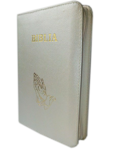 Biblie din piele, mica, nuanta argintie, fermoar, aurita, cu maini, cuv. lui Isus in rosu [043 A]