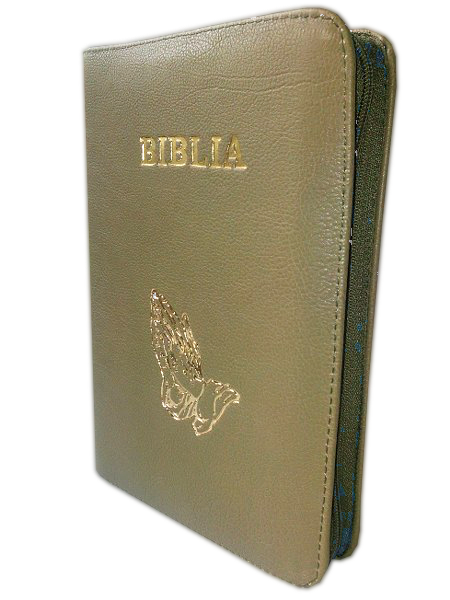 Biblia din piele, marime medie, verde oliv inchis, fermoar, cu maini [053]