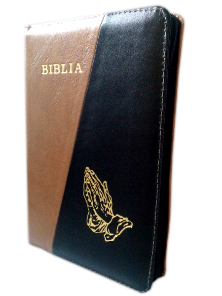 Biblia din piele, marime medie, maro / negru, fermoar, cu maini [053]