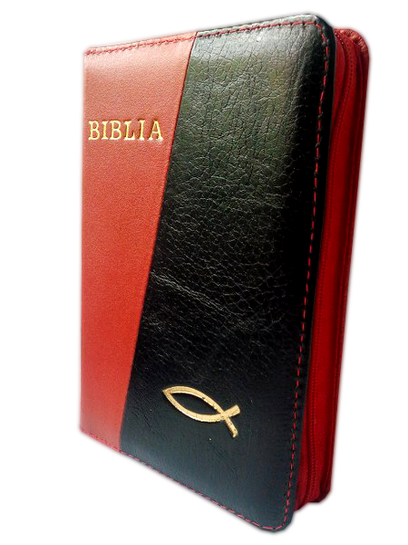 Biblia din piele, mica, rosu/negru, fermoar,margini argintii cu peste, cuv. lui Isus cu rosu [043 A]