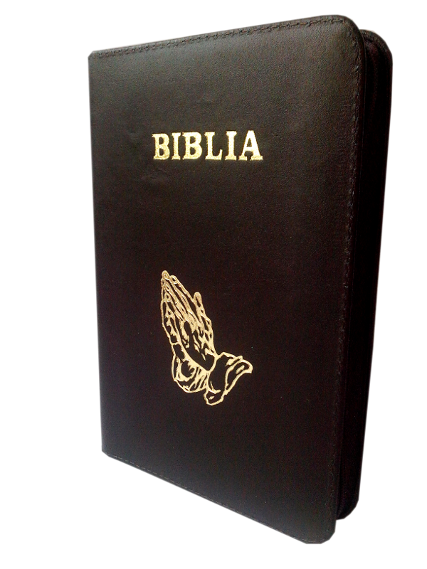 Biblia din piele, marime medie, maro inchis, fermoar, cu maini, cuv. lui Isus cu rosu [053]