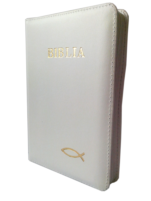 Biblia din piele, marime medie, alba, fermoar, cu peste [053]