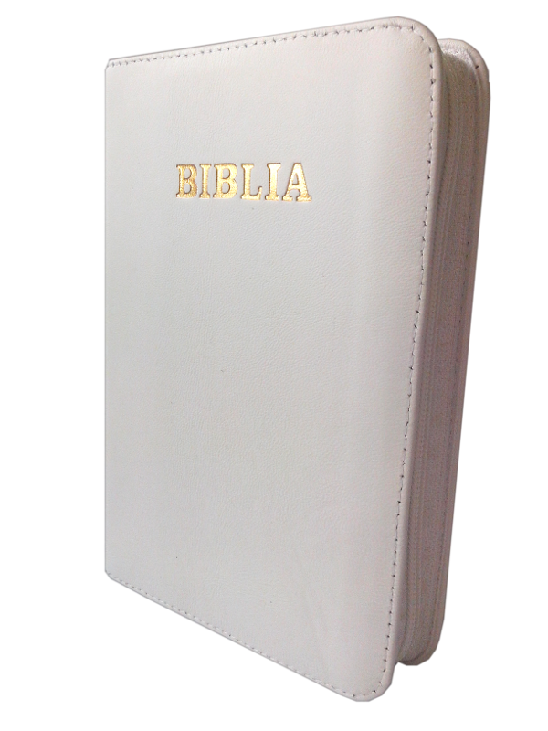 Biblia din piele, marime medie, alba, fermoar, cuv. lui Isus cu rosu [053]