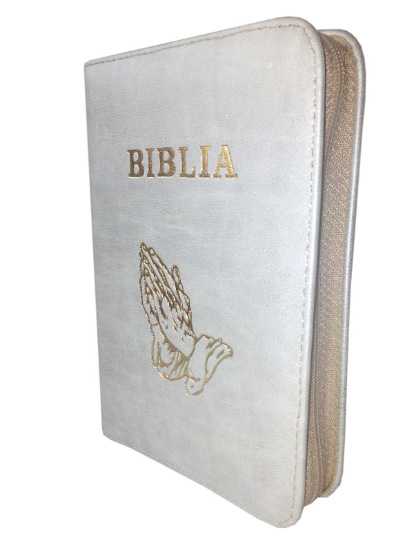 Biblie din piele, mica, gri, fermoar, aurita, cu maini, cuv. lui Isus in rosu [043 A]