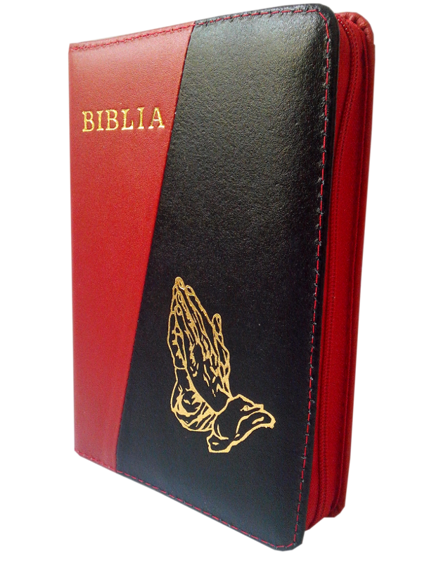 Biblie din piele, mica, rosu / negru, fermoar, aurita, cu maini, cuv. lui Isus in rosu [043 A]