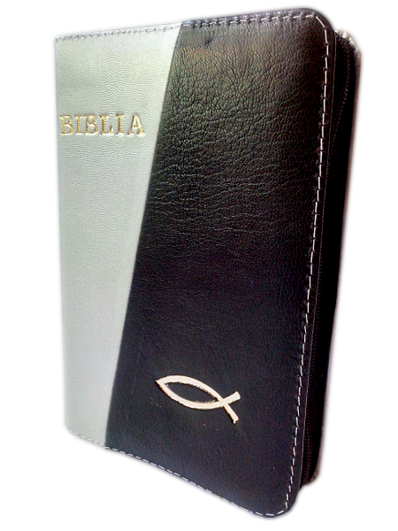 Biblie din piele, mica, gri / negru, fermoar, aurita, cu peste, cuv. lui Isus in rosu [043 A]