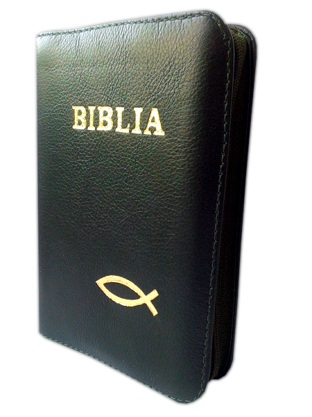 Biblie din piele, mica, verde inchis, fermoar, aurita, cu peste, cuv. lui Isus in rosu [043 A]