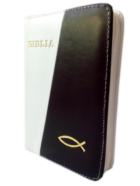Biblie din piele, mica, alb / visiniu inchis, fermoar, aurita, cu peste, cuv. lui Isus in rosu [043 A]