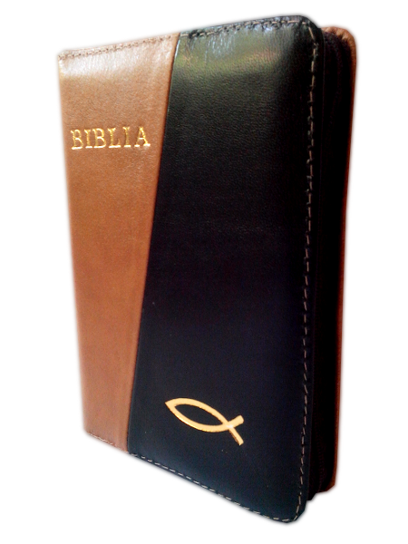 Biblie din piele, mica, maro / negru, fermoar, aurita, cu peste, cuv. lui Isus in rosu [043 A]