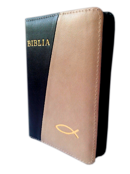 Biblie din piele, mica, negru / bej, fermoar, aurita, cu peste, cuv. lui Isus in rosu [043 A]