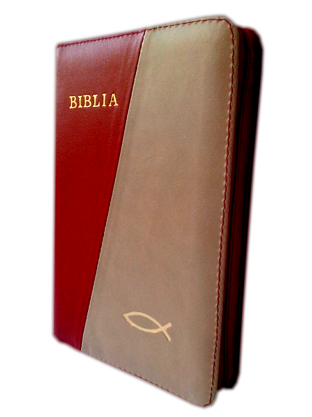 Biblia din piele, marime medie, rosu / bej, fermoar, cu peste [053]