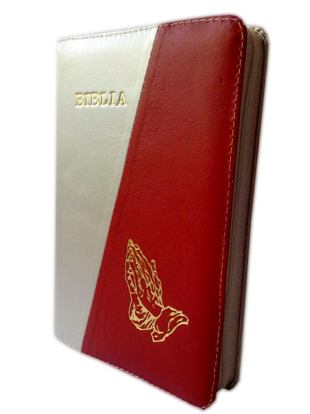 Biblia din piele, medie, bej / rosu, fermoar, aurita, simbol maini in rugaciune, cuv. lui Isus cu rosu [052]
