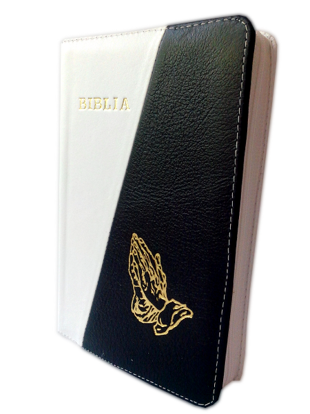 Biblia din piele, marime medie, alb / negru, fermoar, cu maini, cuv. lui Isus cu rosu [053]