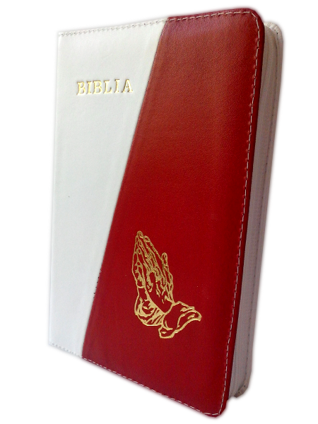 Biblia din piele, medie, alb / rosu, fermoar, aurita, cu maini, cuv. lui Isus cu rosu [052]